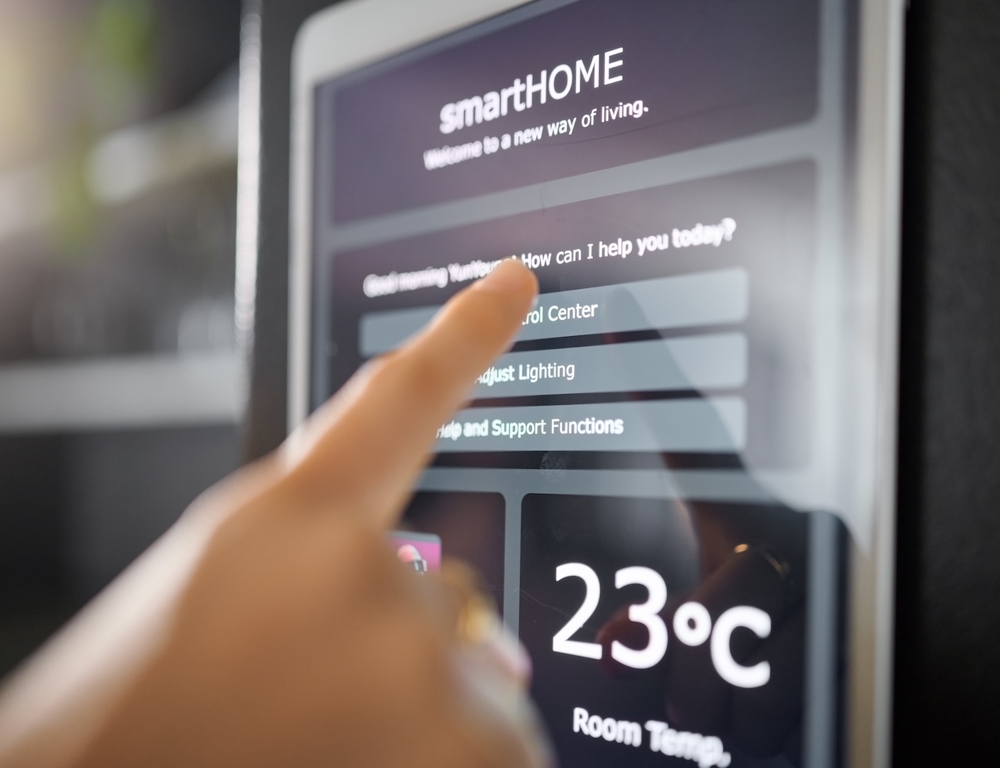 Smart home technology, wall and hands of woman with digital app monitor for thermostat heating, sec.